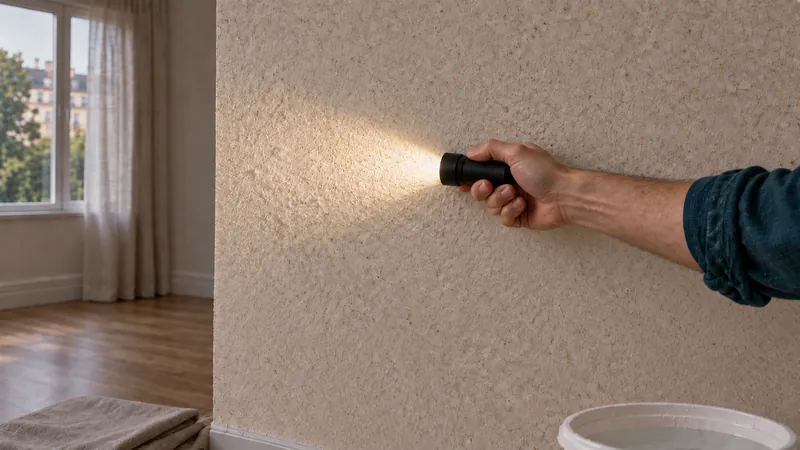 Prüfung im Streiflicht: Der Lichtkegel einer Taschenlampe streift die Wand und zeigt Unebenheiten der Struktur.