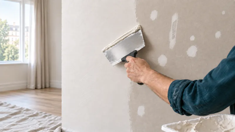 Wand glätten: Eine breite Spachtel zieht Spachtelmasse ab, rechts gefüllte Abplatzungen und Löcher.